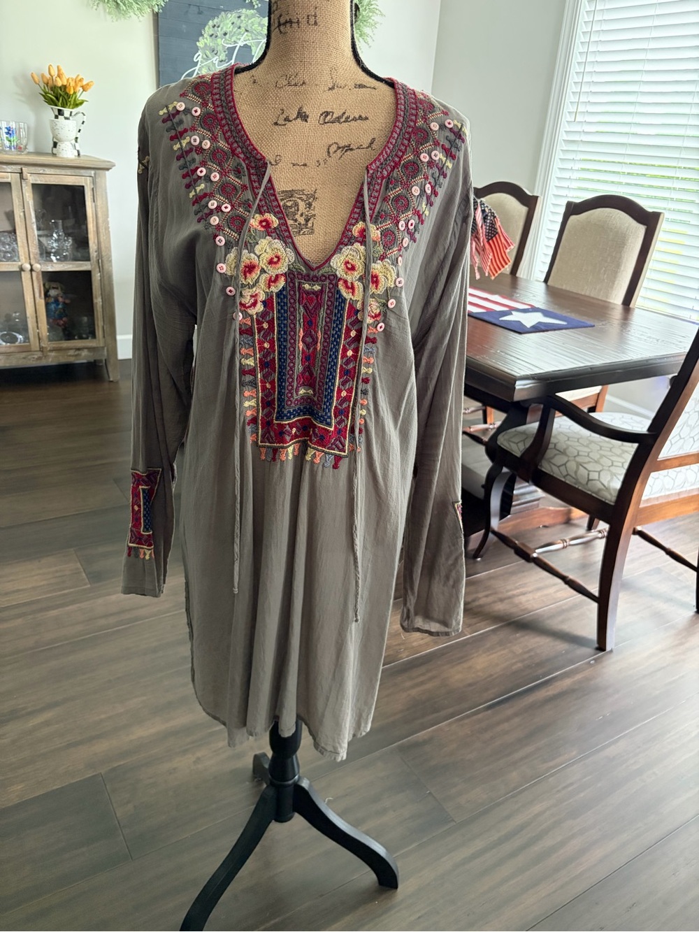 Johnny Was Taupe Embroidered Long Sleeve Tunic with Multicolor Accents
